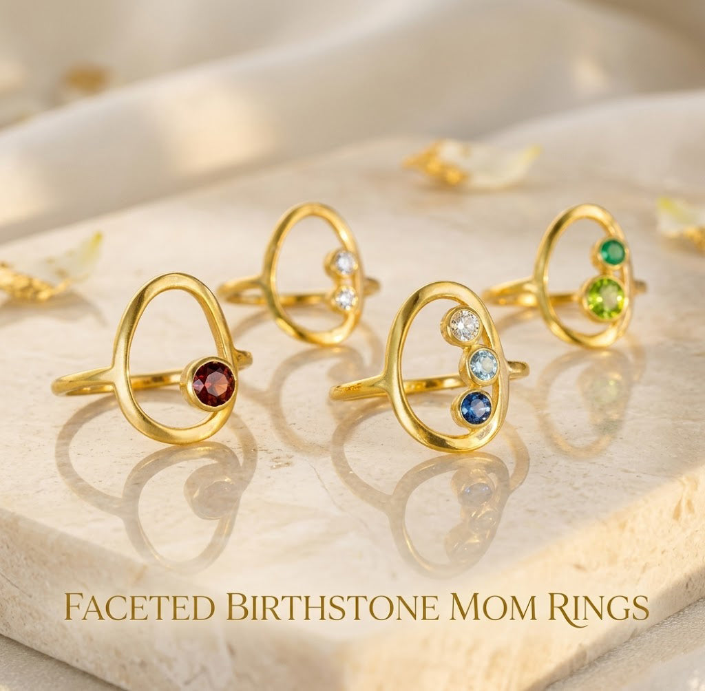 Collection of Minimalist mom ring with custom birthstones in modern open oval style
