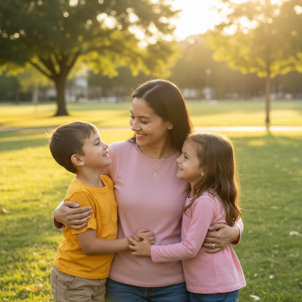 Mother with two children wearing custom birthstone necklace, meaningful family jewelry gift for mom