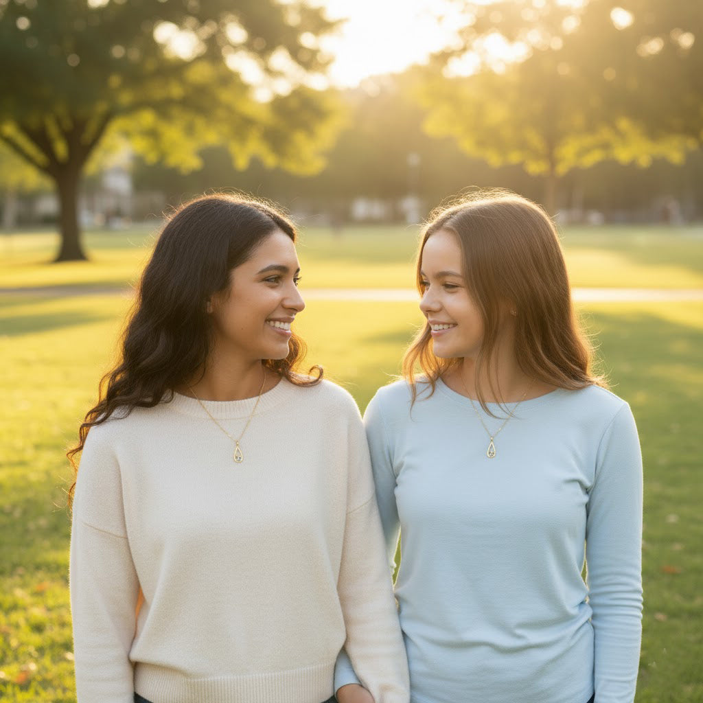 Mother and daughter wearing matching minimalist necklaces, personalized jewelry gift for mom and family