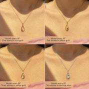 Custom birthstone necklace style chart for mom showing one stone, two stones, three stones, and mother child design