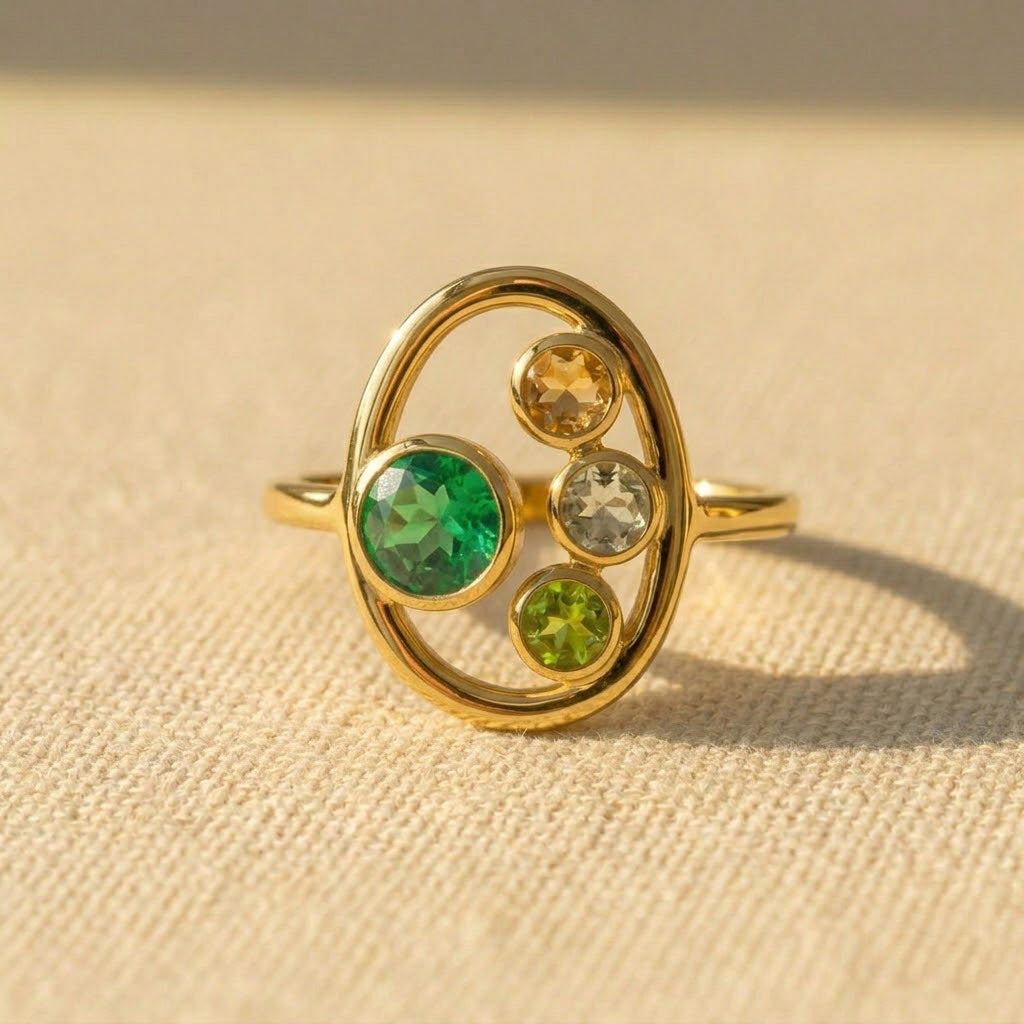 Custom birthstone ring for Mom with one larger green mom stone and three smaller kids birthstones in a gold oval setting.