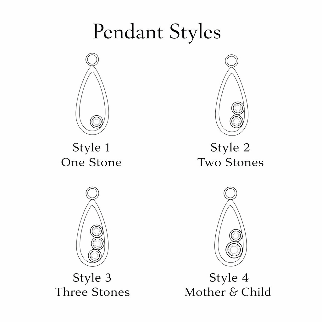 We have four teardrop frame pendant styles including one 3mm stone, two 3mm stone setting, three 3mm stone setting or a mother 5mm and single child 3mm stone