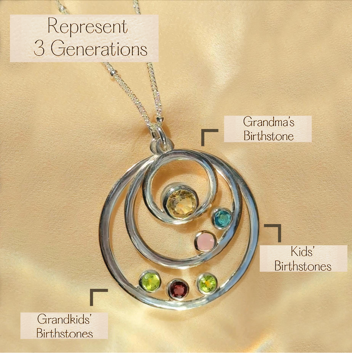 Orbit necklace displaying three generations with labeled birthstones for grandma, parent, and grandkids, custom family necklace with multiple birthstones, generational jewelry gift.