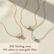 Three horizontal oval birthstone necklaces shown in gold, rose gold, and silver finishes with customizable oval gemstones such as emerald quartz, pink tourmaline, moonstone, and blue topaz. Personalizable with child name engraving on the back, this multi-stone family necklace makes a beautiful Christmas gift for mom, grandma, or new mothers looking for elegant custom birthstone jewelry that celebrates children and loved ones.