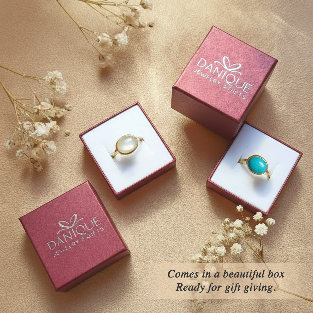 Gift-ready packaging for minimalist oval gemstone jewelry, featuring amazonite and moonstone cabochon rings displayed in branded Danique Jewelry boxes. Elegant gemstone rings presented in premium boxes, ready for gifting to her for birthdays, Mother’s Day, anniversaries, holidays, or special occasions. Thoughtful jewelry packaging designed to elevate personalized gemstone gifts without additional wrapping.