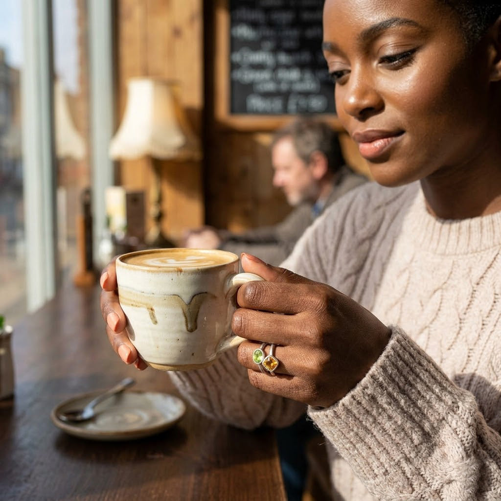 Woman wearing a personalized two-birthstone stacking ring set while holding a coffee cup in a café
