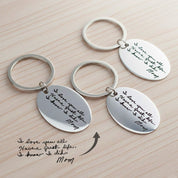 Engraved oval keychains featuring actual handwriting message, custom stainless steel memorial keyring with loved one’s note laser engraved on both sides, personalized handwriting jewelry keepsake for mom dad husband wife, sympathy remembrance gift, custom text or signature key chain, meaningful birthday Christmas Father’s Day gift idea