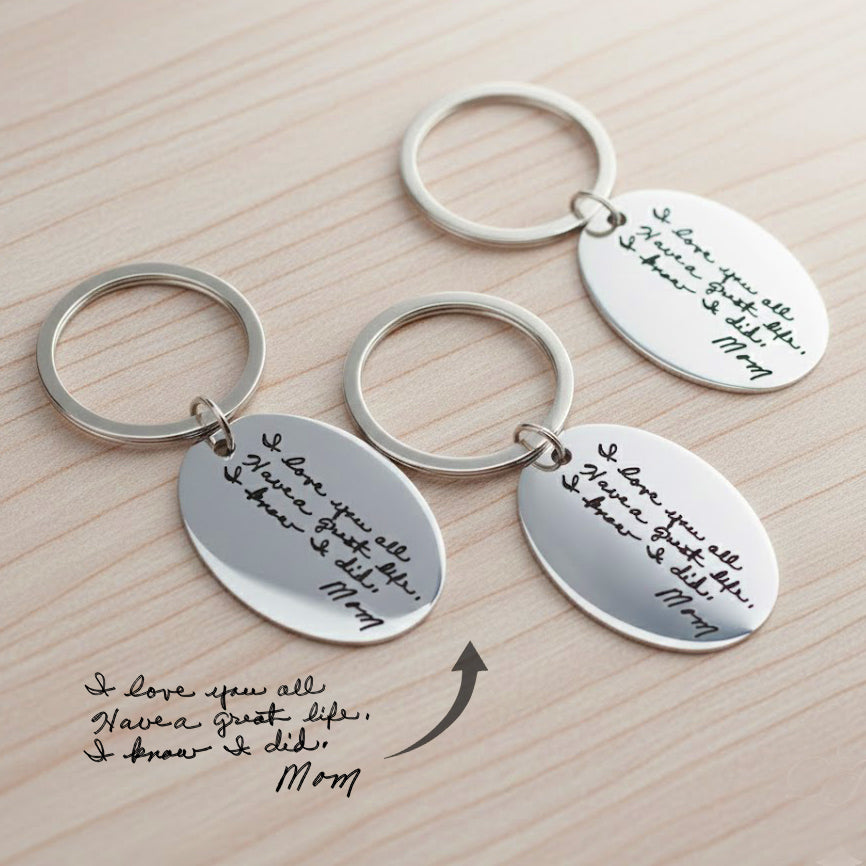 Engraved oval keychains featuring actual handwriting message, custom stainless steel memorial keyring with loved one’s note laser engraved on both sides, personalized handwriting jewelry keepsake for mom dad husband wife, sympathy remembrance gift, custom text or signature key chain, meaningful birthday Christmas Father’s Day gift idea