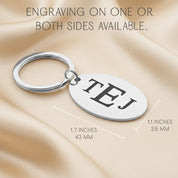 Informational graphic displaying engraving options for personalized oval keychains, including single-sided or double-sided designs, size measurements, and engraving examples. Supports custom handwriting, signature, monogram, photo, text, fingerprint, or drawing engraving. Crafted in polished stainless steel with durable key ring. Ideal for creating meaningful gifts for men or women for birthdays, anniversaries, holidays, memorials, Father’s Day, Mother’s Day, or graduation.