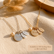 Sterling silver and gold personalized mother necklaces with pearl and name tags