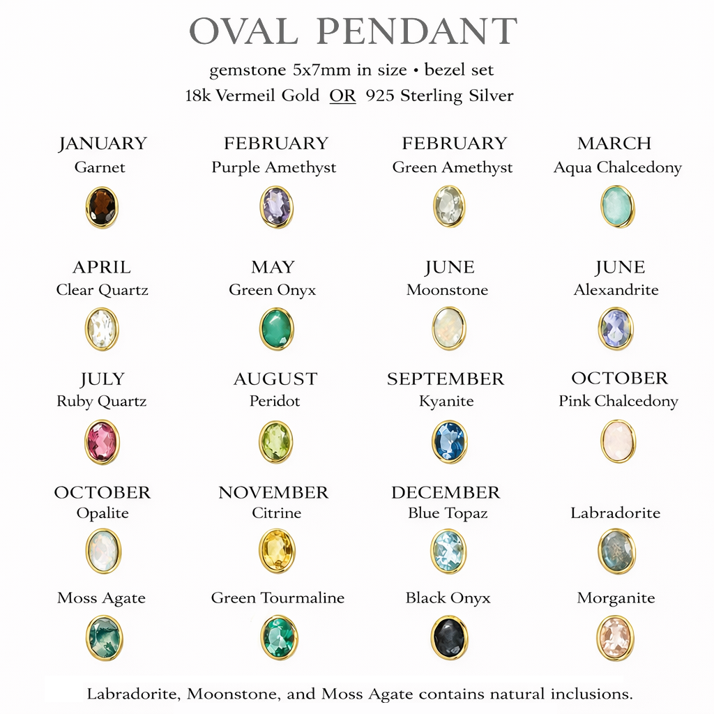 Oval pendant birthstone chart showing gemstone options for each birth month, including January through December stones. Visual guide for selecting a personalized oval birthstone bezel necklace. Custom birthstone jewelry options ideal for gifting, helping customers choose the perfect gemstone for a meaningful Valentine’s Day or birthday necklace.
