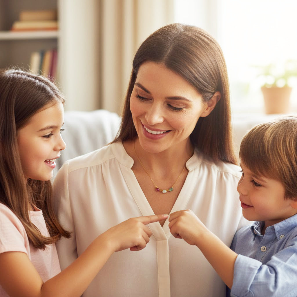 Mother wearing horizontal oval birthstone necklace featuring personalized family gemstones representing her children, making this the perfect sentimental necklace for moms. Ideal for child name engraved gifts and celebrating birthdays, Mother’s Day, or Christmas. Customizable oval stones like emerald quartz, moonstone, ruby, peridot, and blue topaz offer meaningful family symbolism in a beautiful gold, rose gold, or silver multi-stone bar necklace.