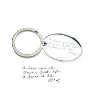 Custom engraved oval scratch-resistant key chain with handwriting message from mom. Great to memorialize a passed family member, engrave a monogram for a recent grad or someone who just passed their driver's test