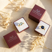 Danique Jewelry gift box packaging with gemstone rings, showing gift-ready presentation for the lemon quartz ring.
