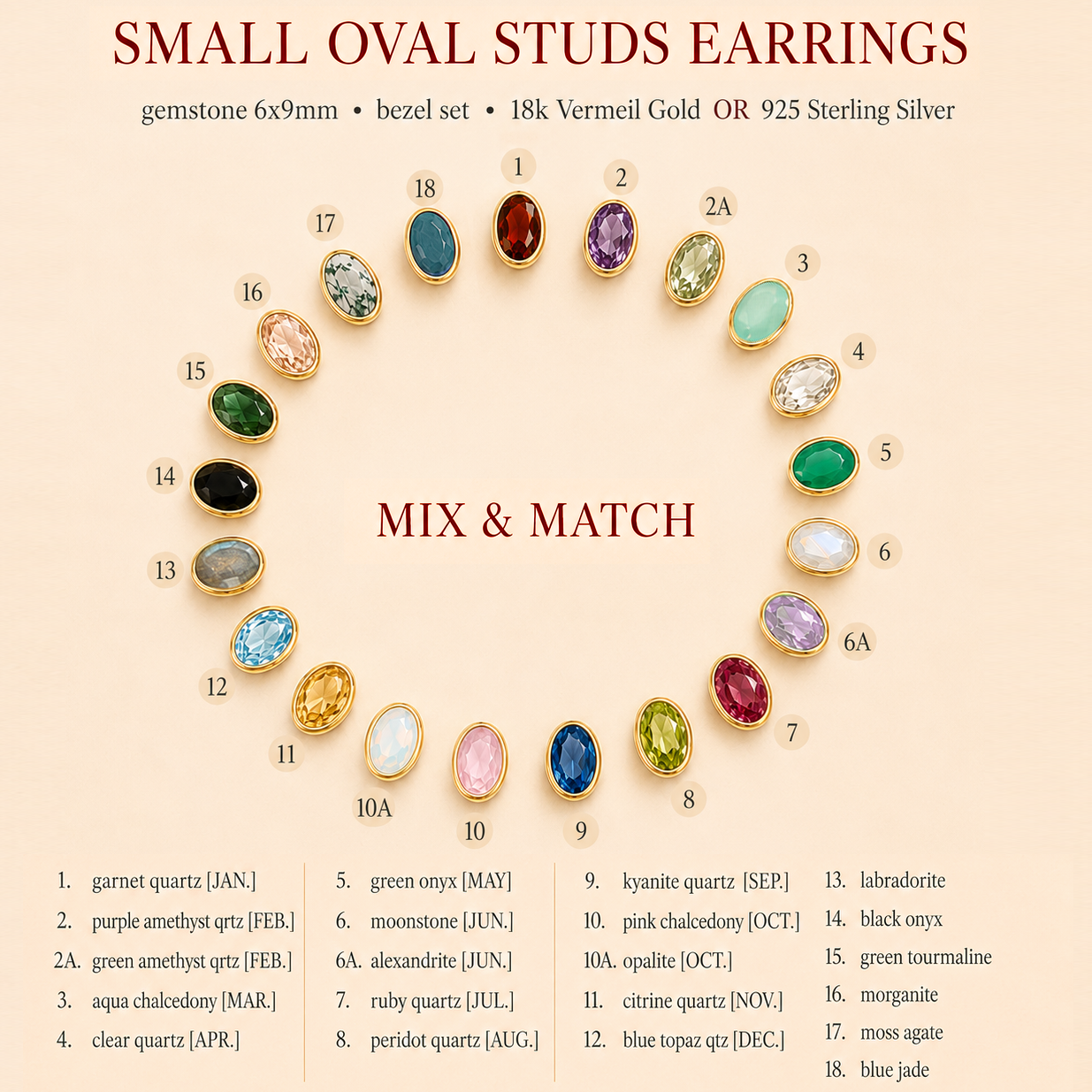 Small oval stud earrings gemstone chart showing available 8x12mm birthstone and gemstone options for custom earrings.