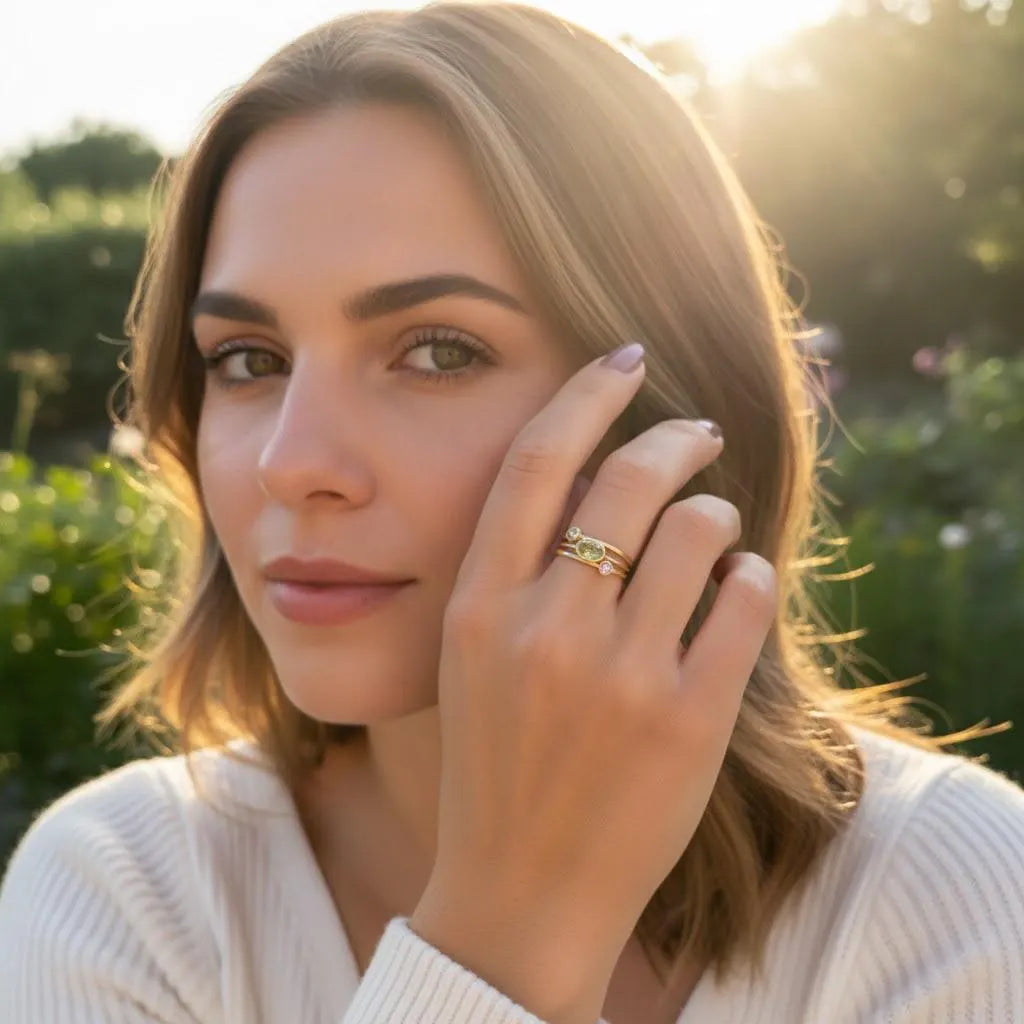 Outdoor lifestyle portrait wearing personalized stacking birthstone ring set, dainty minimalist mothers ring set with large oval gemstone for mom and tiny round birthstones for kids, custom family jewelry gift for mom, grandma, or wife, stackable ring combo made to order in 925 sterling silver or 18K gold vermeil, customize birth months like June alexandrite/moonstone and July ruby for a meaningful keepsake