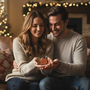 Romantic moment of a couple exchanging a custom engraved leather keychain, showcasing a meaningful personalized gift for boyfriend, girlfriend, husband, or wife. Full-grain leather with custom engraving options makes this a heartfelt holiday, anniversary, or birthday present. Perfect customized accessory for everyday use, new drivers, new homeowners, or long-distance couples wanting a sentimental gift.