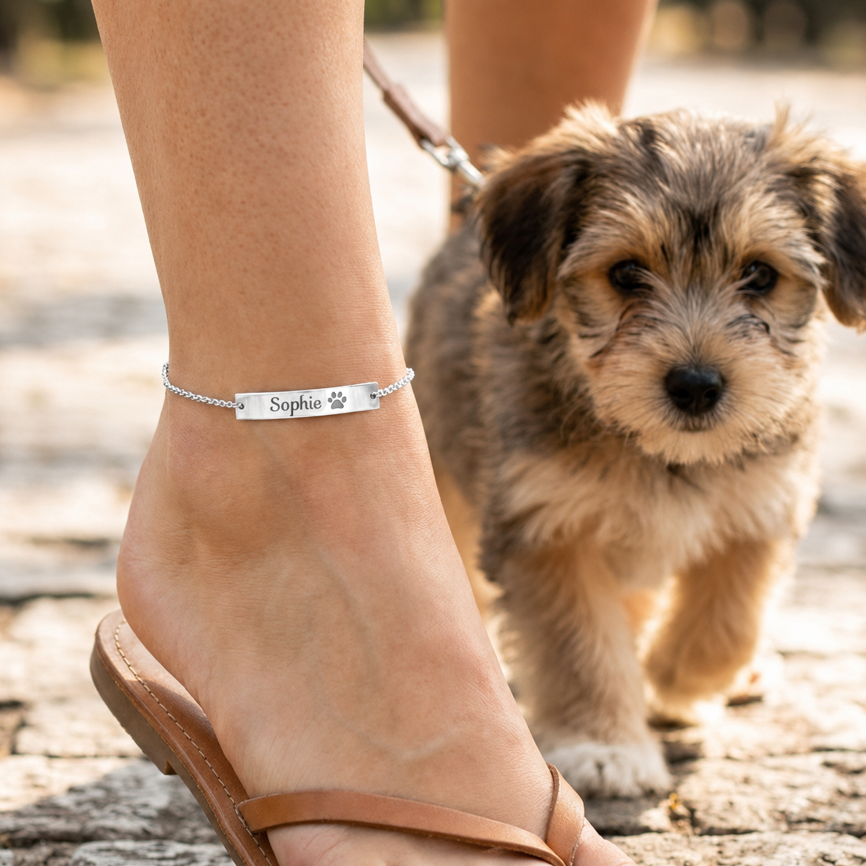Sterling silver paw print anklet engraved with Sophie beside a puppy on a sunlit walk