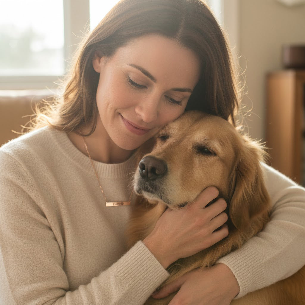 Personalized paw print necklace worn by woman holding dog, custom pet memorial jewelry for dog lovers