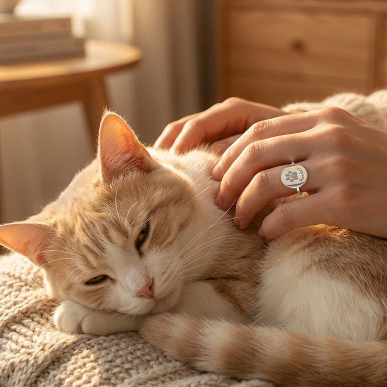 Paw print and name engraved stacking ring for pet lovers, personalized remembrance jewelry gift honoring beloved dog or cat