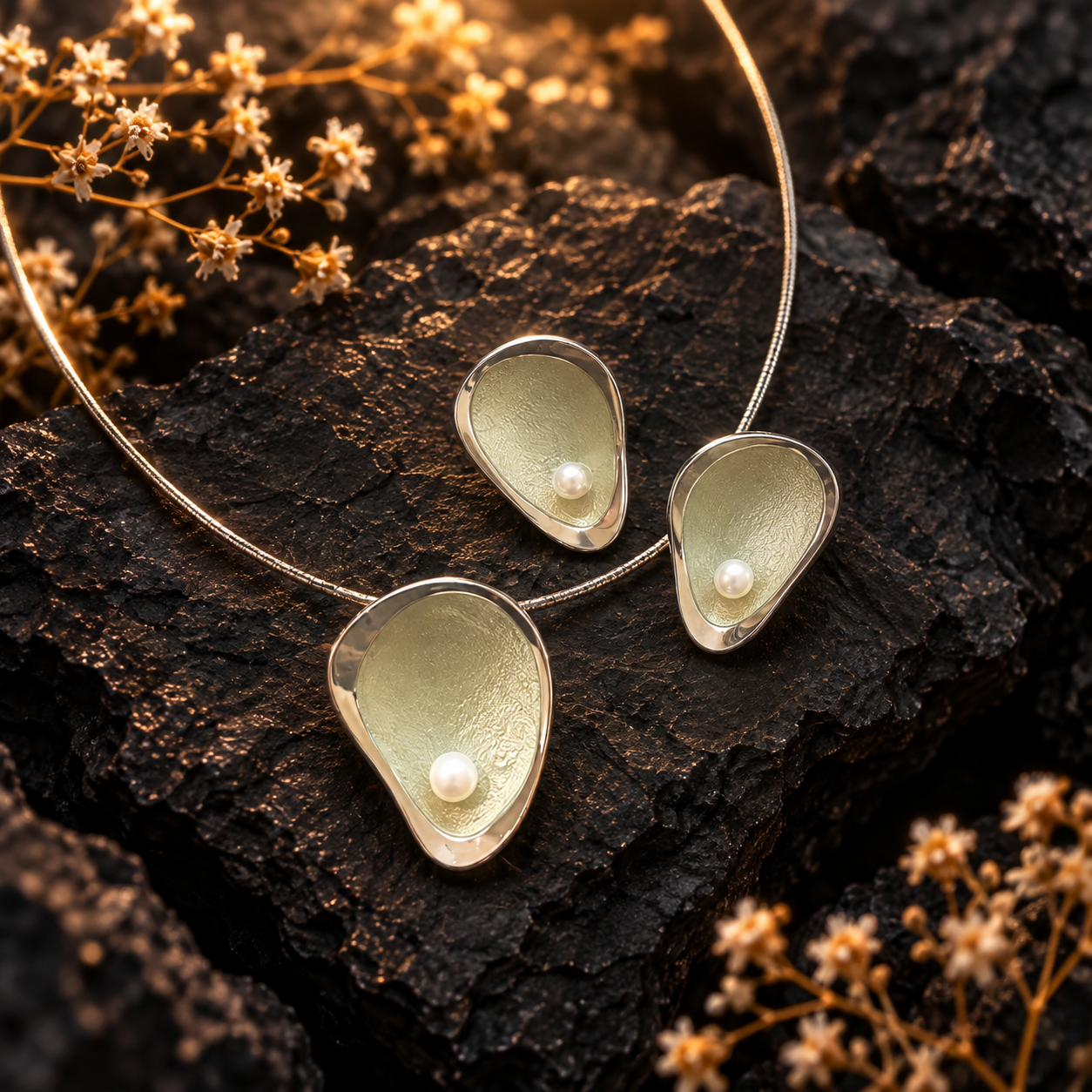Boho pearl teardrop necklace and matching earrings with Sage Mist pearlescent finish on dark stone

