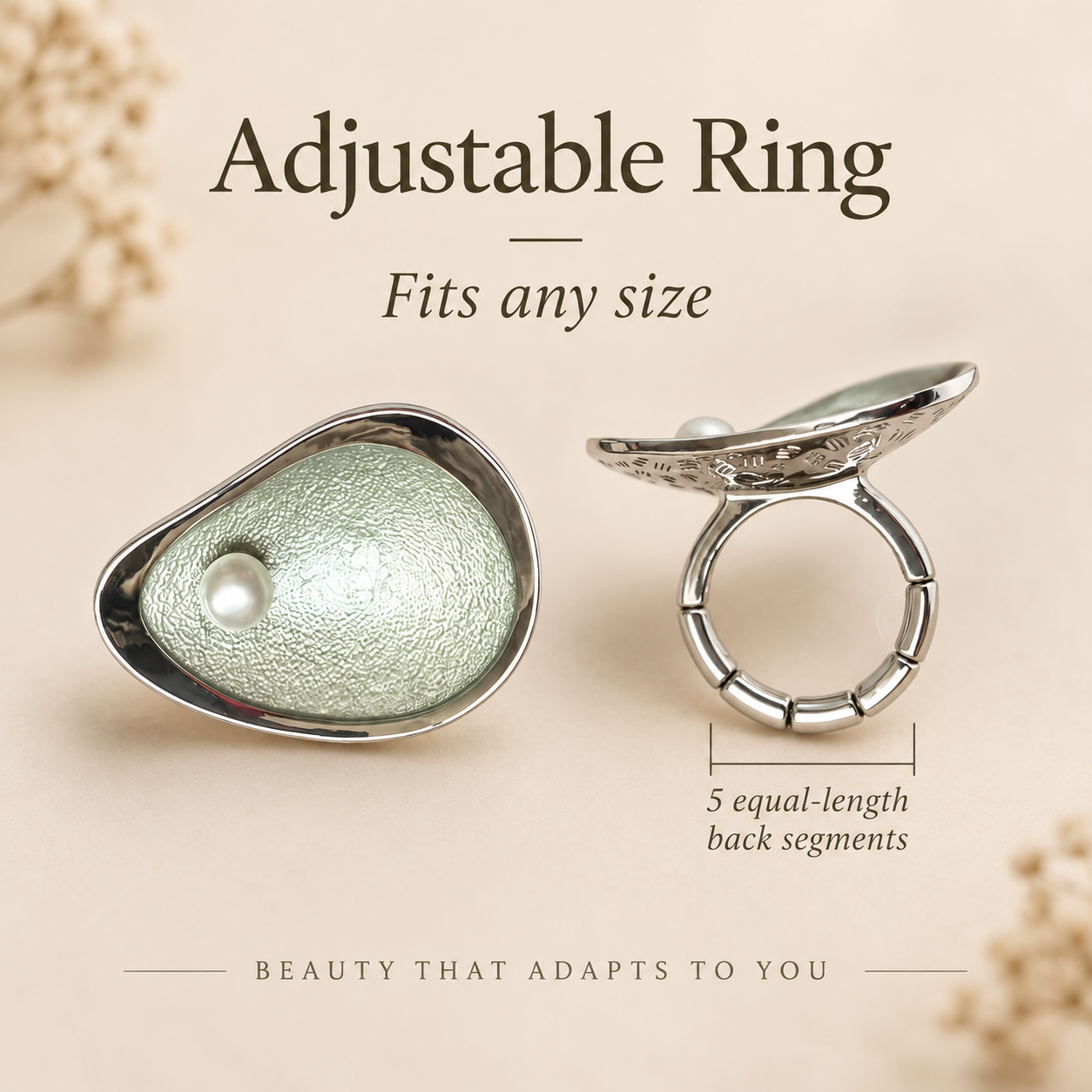 Pearl Petal adjustable ring chart showing front side and back views