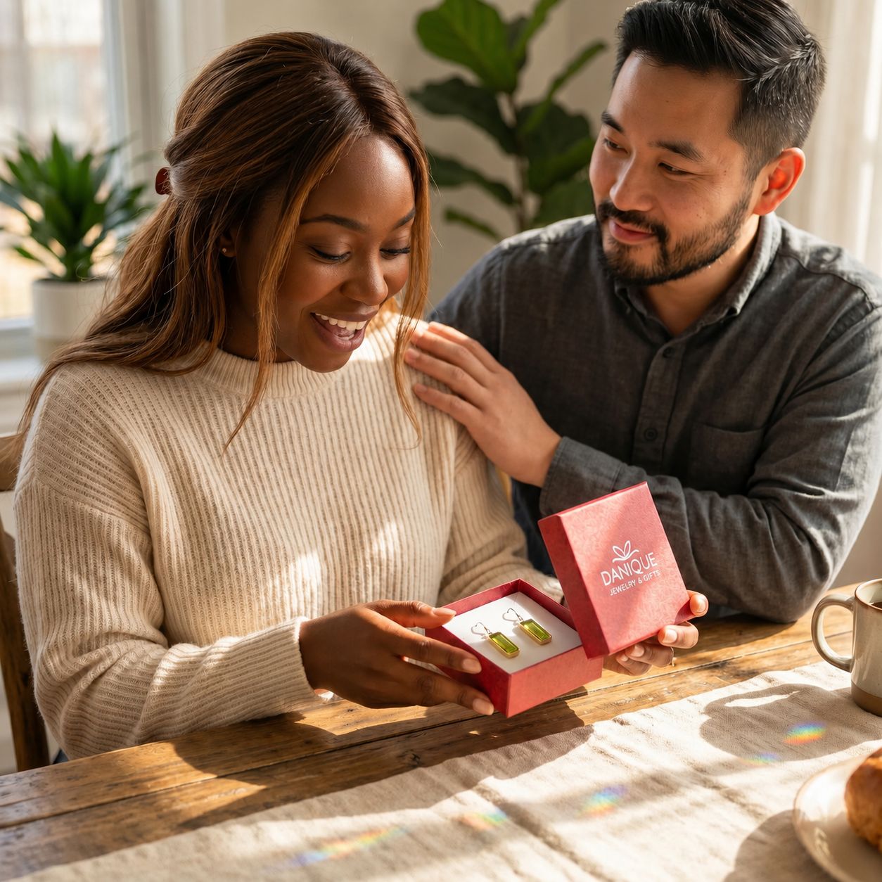 Couple opening a Danique Jewelry gift box with peridot earrings