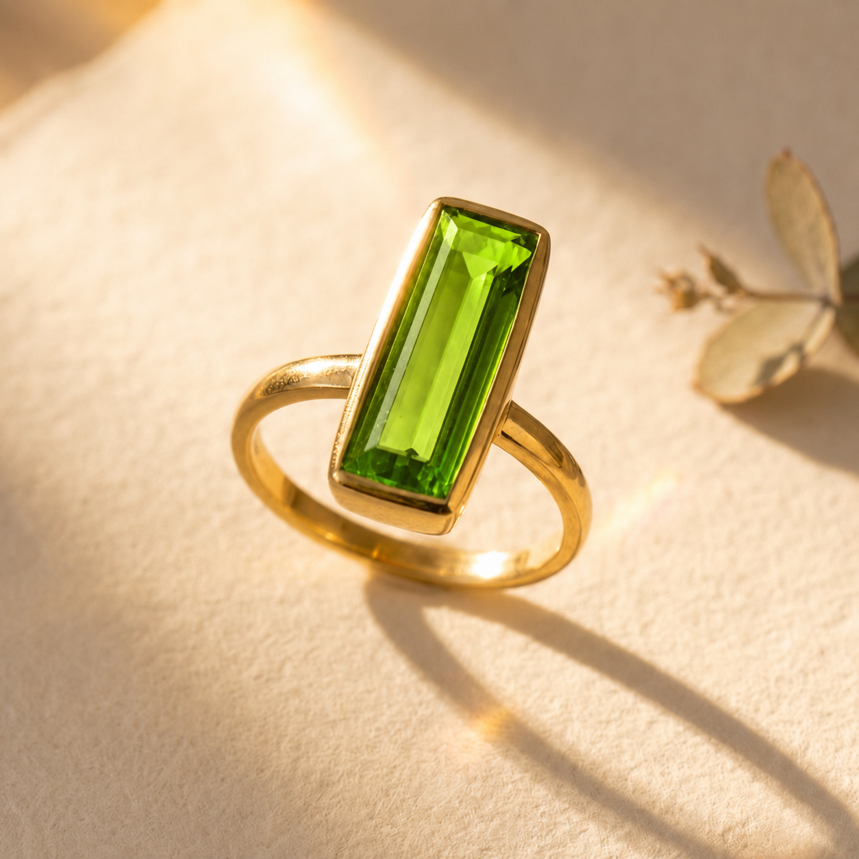 Yellow gold vermeil Peridot Quartz baguette ring with a large vertical green gemstone