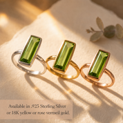Peridot Quartz baguette rings in sterling silver, yellow gold, and rose gold vermeil