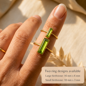 Large and petite Peridot Quartz rings worn together to compare the two gemstone sizes