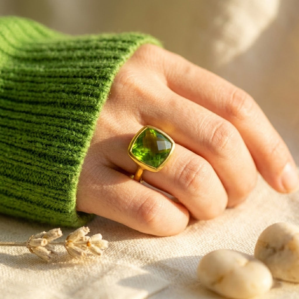 Cushion cut peridot ring in gold bezel setting with bright green gemstone