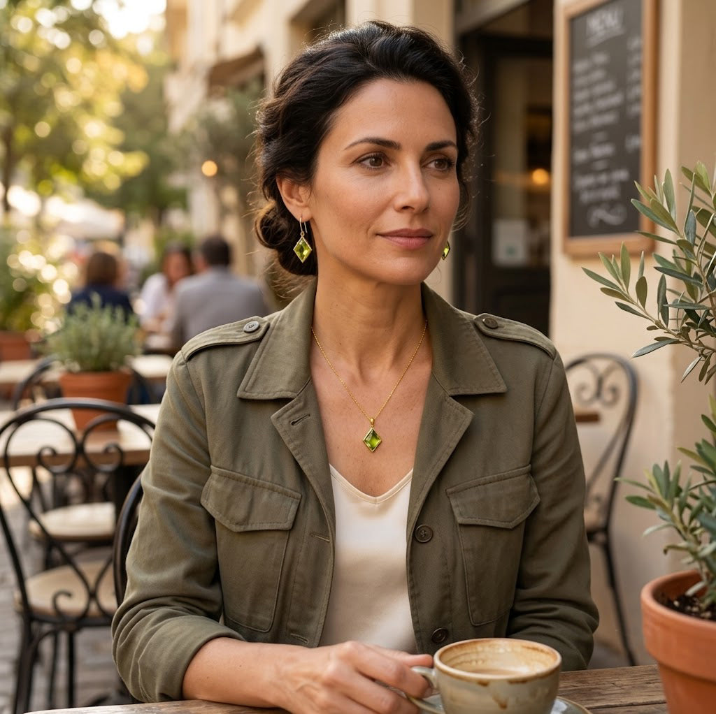 Model wearing a peridot necklace outdoors as a dainty August birthstone gift idea.