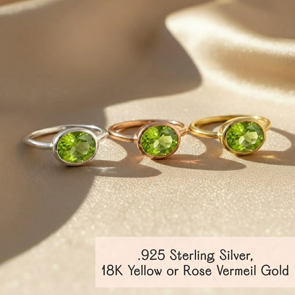 Stackable peridot birthstone rings in gold and silver, August gemstone ring collection