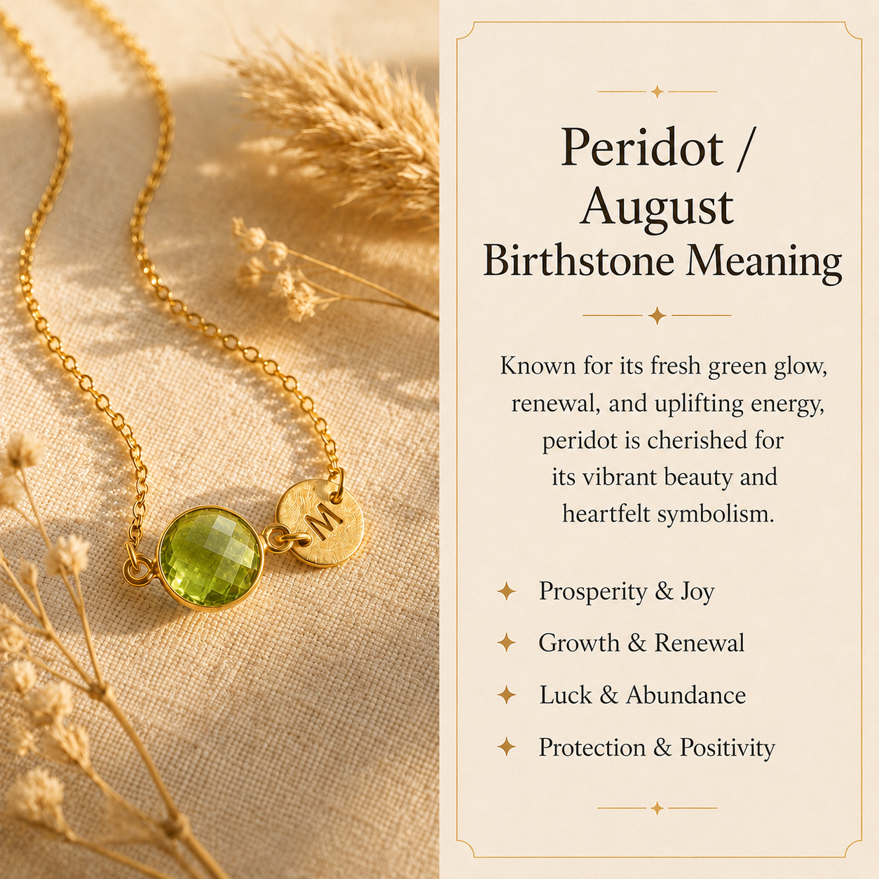 Peridot August birthstone necklace with personalized initial charm and birthstone meaning guide