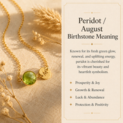 Peridot August birthstone necklace with personalized initial charm and birthstone meaning guide