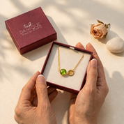Personalized Peridot August birthstone necklace presented inside a Danique Jewelry gift box