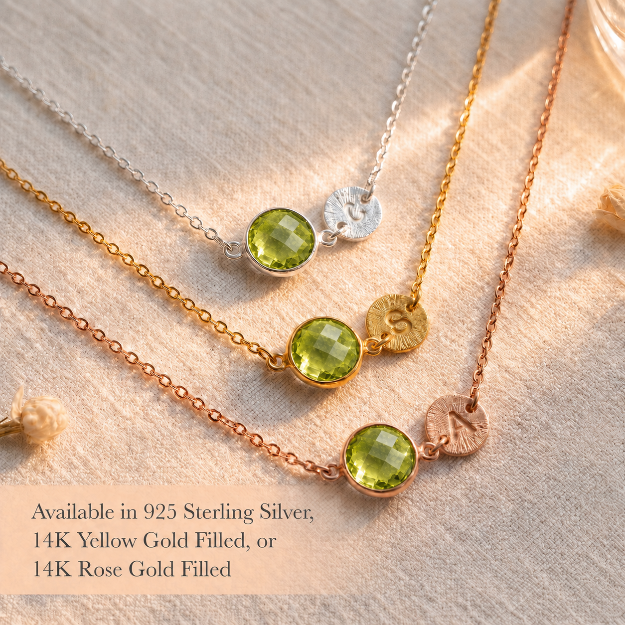 Peridot initial necklaces in sterling silver, yellow gold filled, and rose gold filled