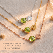 Peridot initial necklaces in sterling silver, yellow gold filled, and rose gold filled