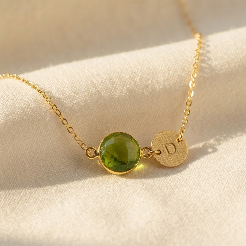 Close up of faceted green Peridot birthstone station necklace with personalized initial disk charm