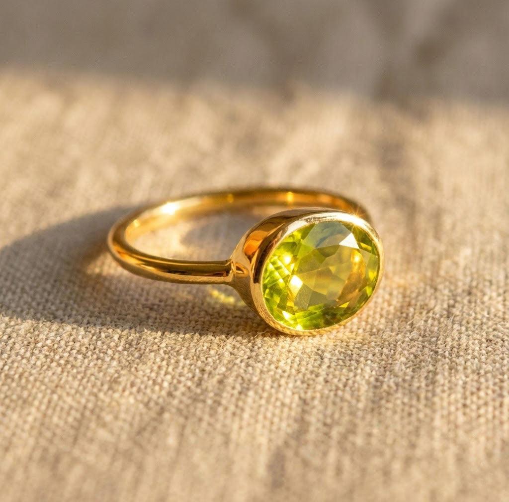 Oval peridot quartz ring set in 18K gold vermeil, August birthstone ring photographed on neutral fabric with soft natural light