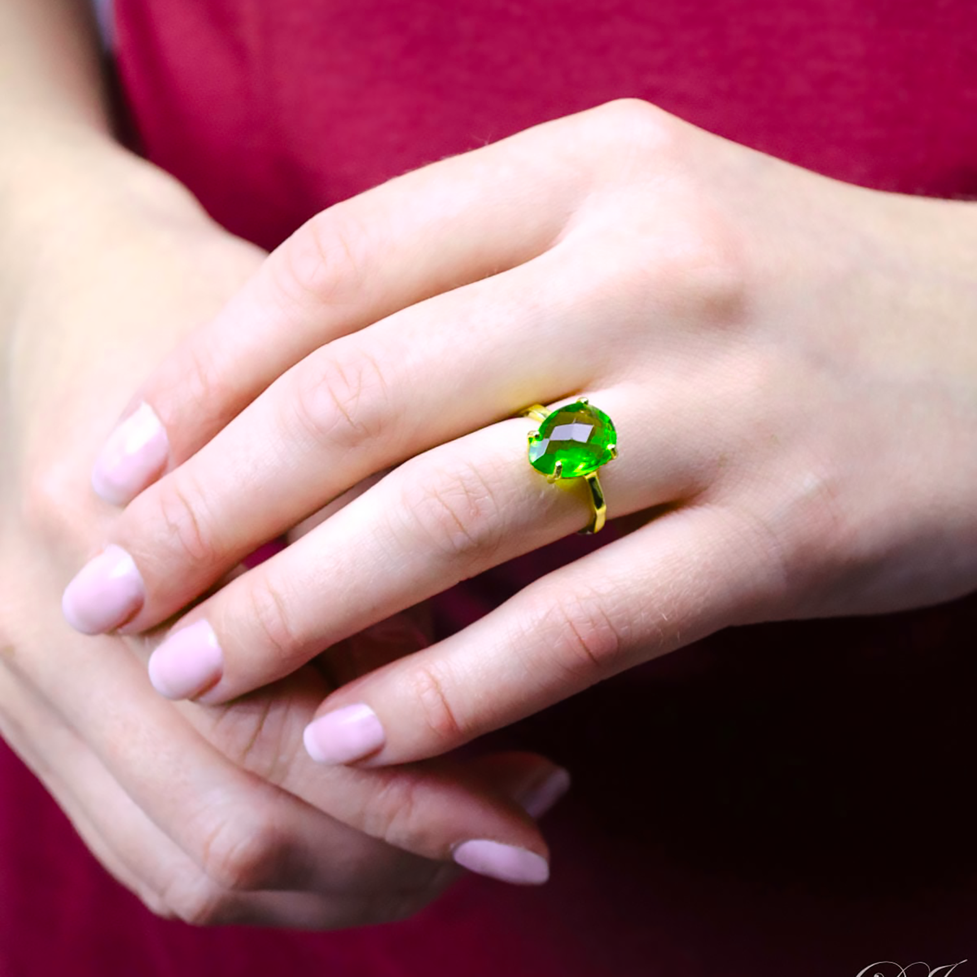 Aqua Chalcedony Teardrop Prong Set Ring • March Birthstone