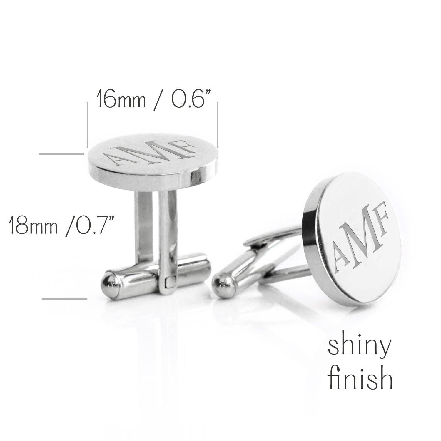 Silver round cufflinks with engraved initials “AMF,” shown with precise measurements: 16mm diameter and 18mm post height. Features a sleek, shiny polished finish for a clean and modern look. Elegant men’s formalwear accessory for corporate gifts, business attire, or milestone celebrations. Ideal for personalized executive gifts, professional events, or luxury men’s fashion. Custom cuff links crafted for style-conscious grooms, graduates, or retirement gifts. Lightweight and stylish with secure closure.