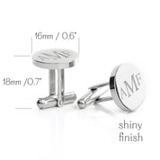Silver round cufflinks with engraved initials “AMF,” shown with precise measurements: 16mm diameter and 18mm post height. Features a sleek, shiny polished finish for a clean and modern look. Elegant men’s formalwear accessory for corporate gifts, business attire, or milestone celebrations. Ideal for personalized executive gifts, professional events, or luxury men’s fashion. Custom cuff links crafted for style-conscious grooms, graduates, or retirement gifts. Lightweight and stylish with secure closure.