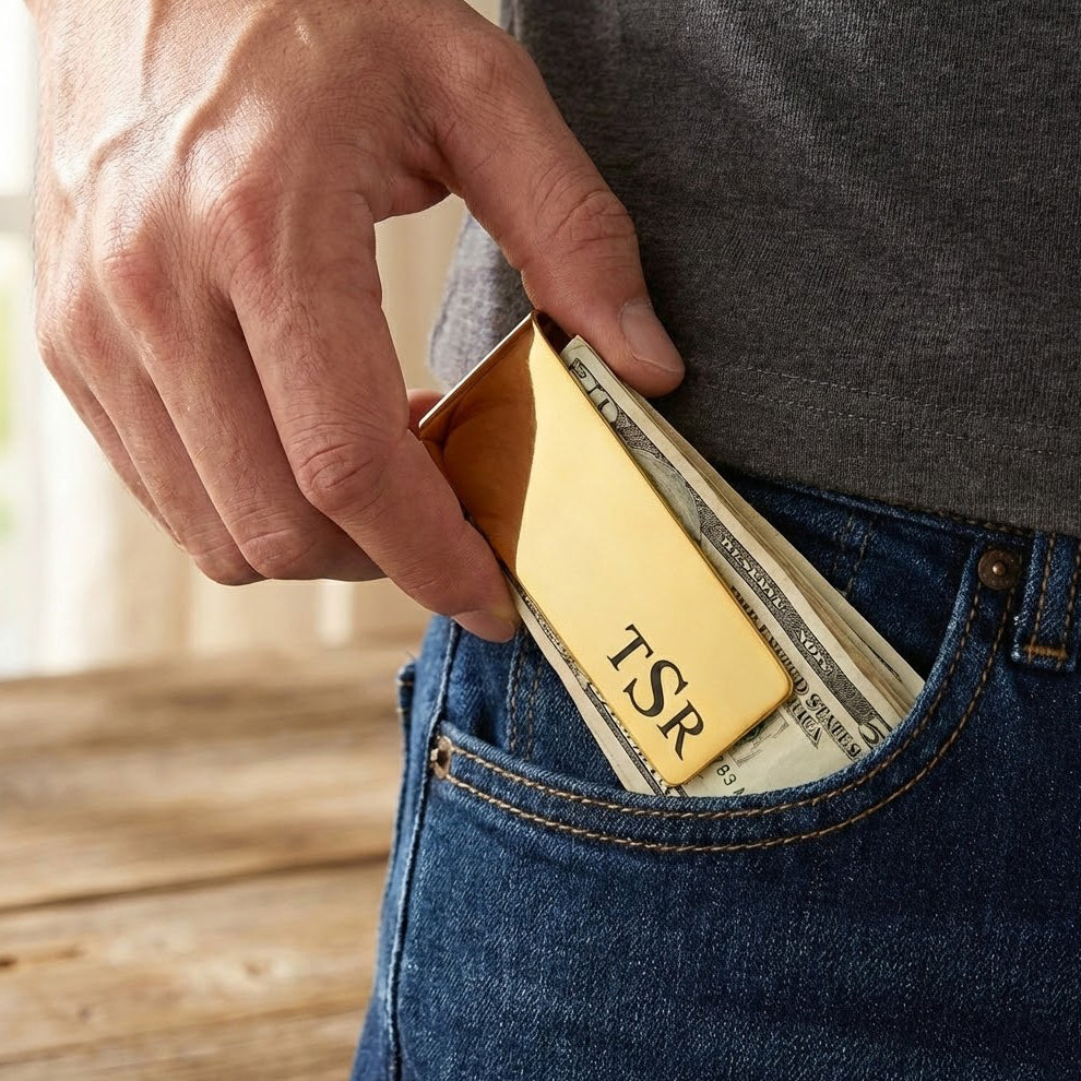 A person sliding a gold engraved money clip into their jeans pocket, showing the slim design in action.