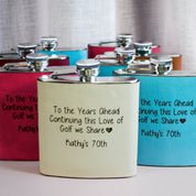 Celebrate special moments, birthdays, holidays, weddings with these engraved flasks. Collection of engraved flasks in nude, raspberry and turquoise to celebrate 70th birthday.