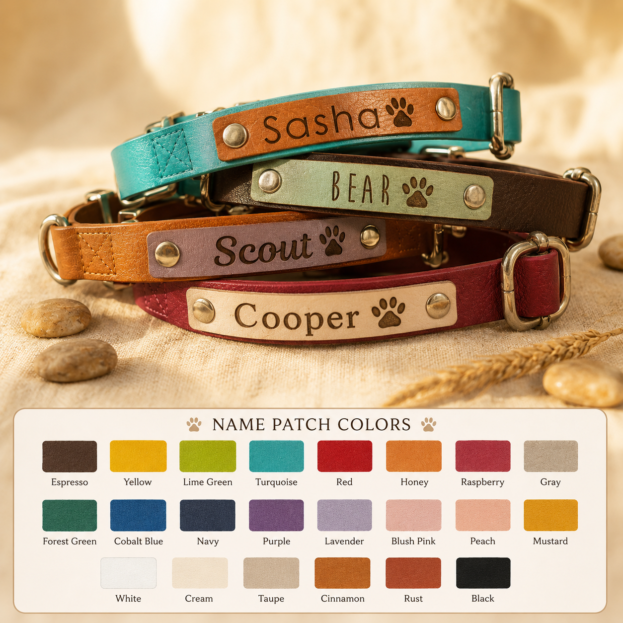 A variety of leather name-patch colors available for custom personalized dog collars
