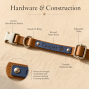 Leather dog collar hardware showing buckle, D-ring, adjustable slider, stitching, rivets, and name patch