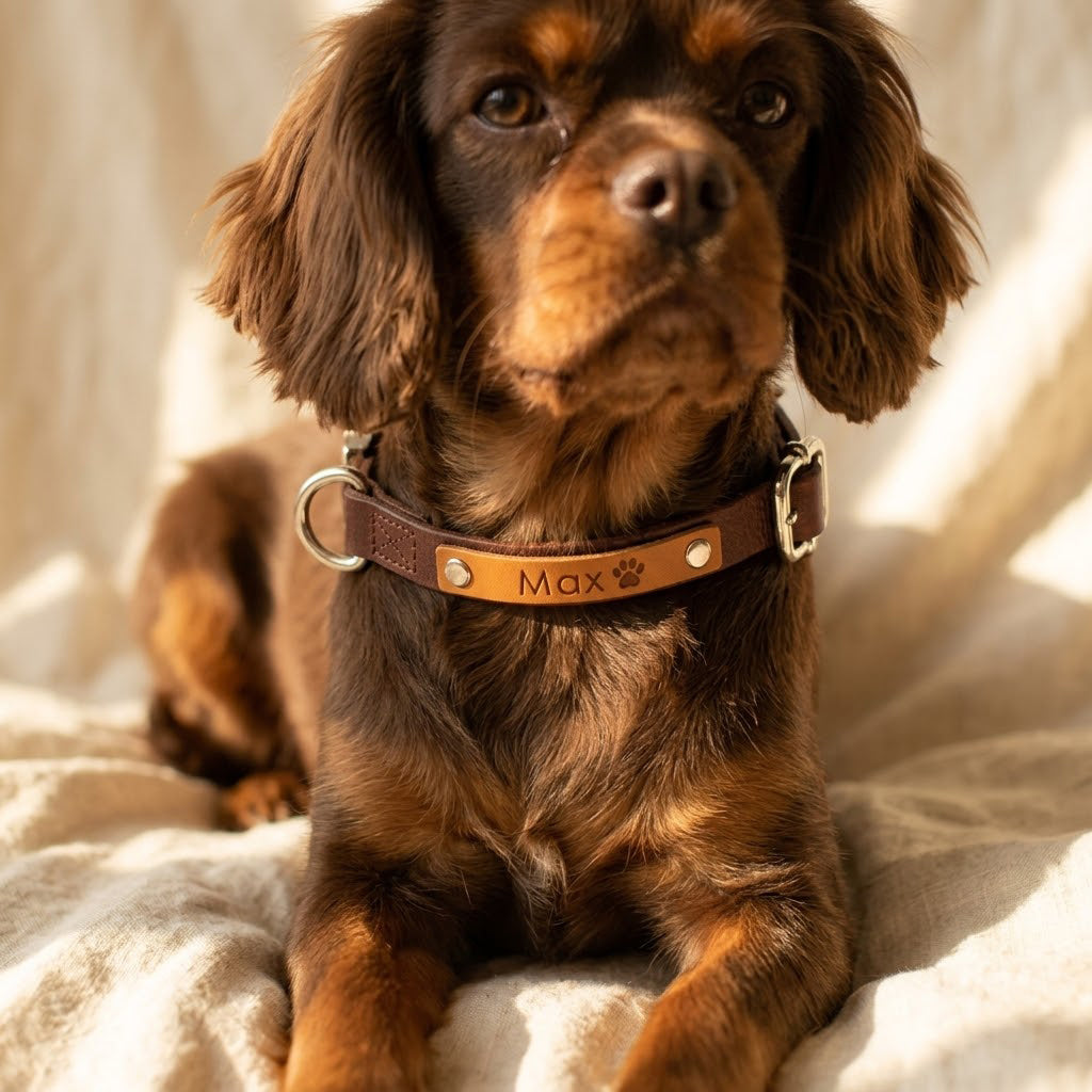 Brown dog wearing a honey leather collar engraved with a custom pet name and paw print
