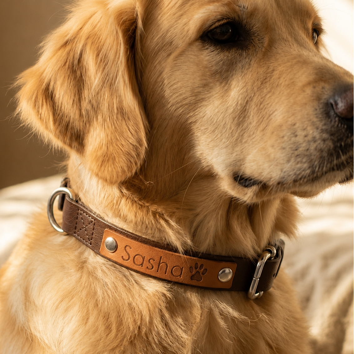 Golden retriever wearing a turquoise leather dog collar with a red Sasha name patch and paw print