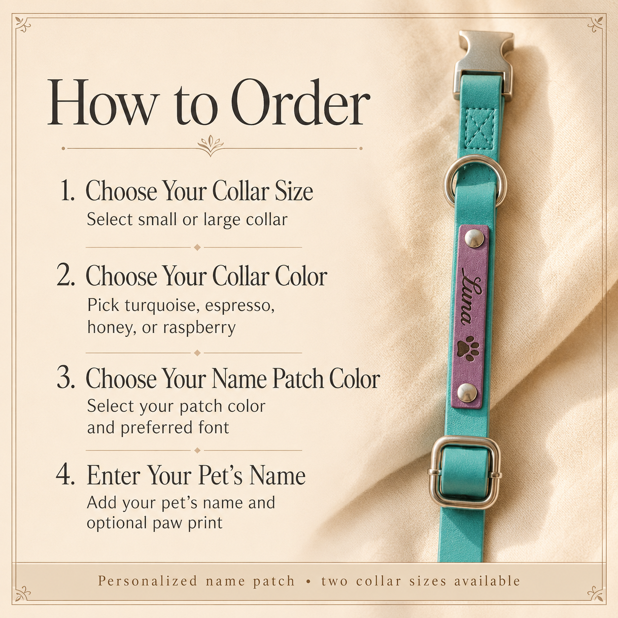 How to order a personalized leather dog collar by choosing size, colors, font, name, and paw print